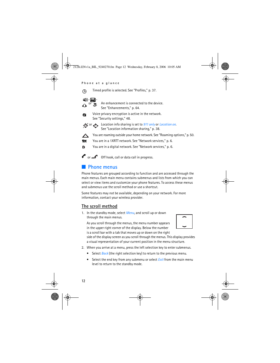 Phone menus, The scroll method | Nokia 2128i User Manual | Page 13 / 81