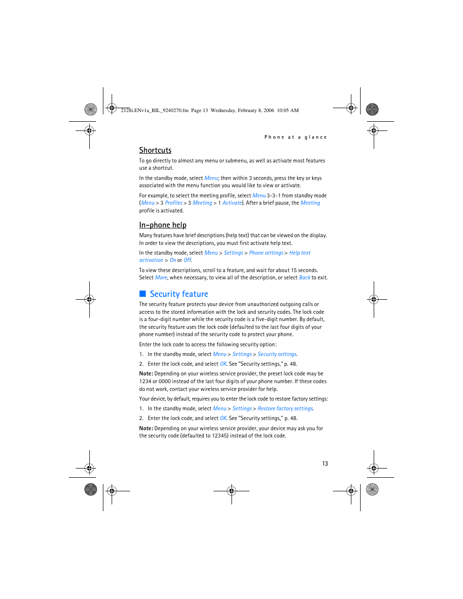 Security feature, Shortcuts, In-phone help | Nokia 2128i User Manual | Page 14 / 81