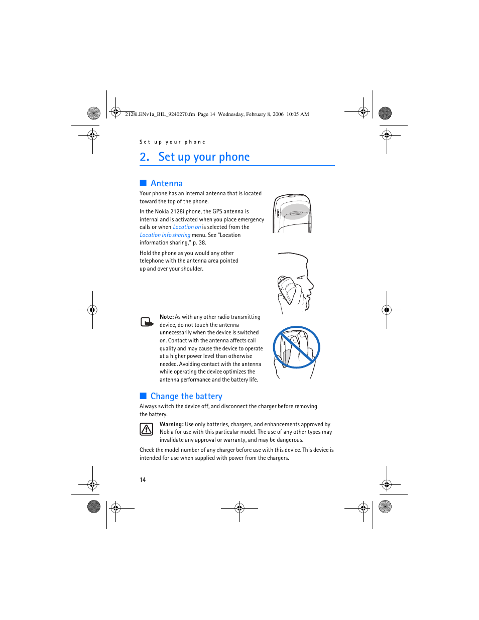 Set up your phone, Antenna, Change the battery | Nokia 2128i User Manual | Page 15 / 81