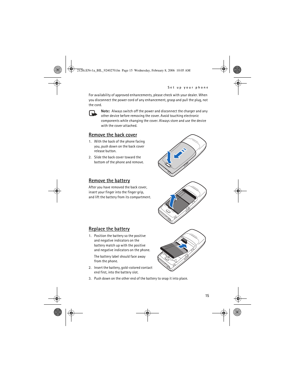 Remove the back cover, 15 a, Remove the battery | Replace the battery | Nokia 2128i User Manual | Page 16 / 81