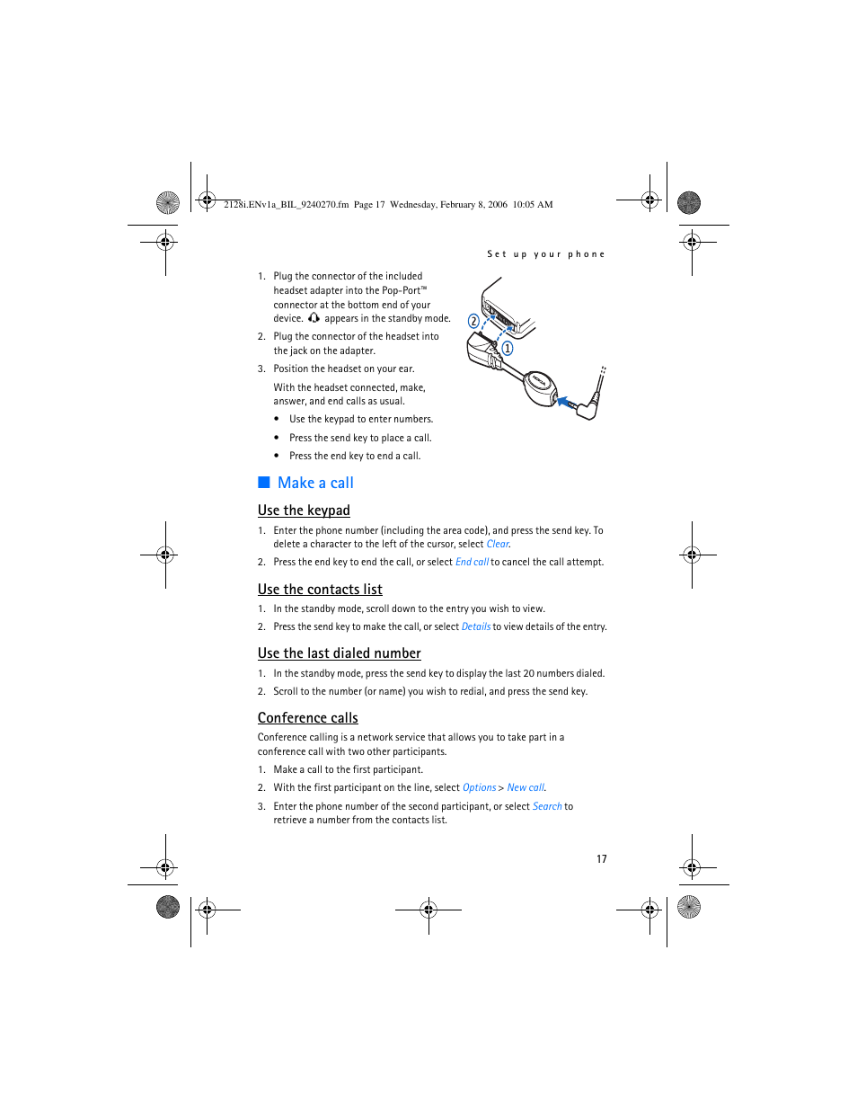 Make a call, Use the keypad, Use the contacts list | Use the last dialed number, Conference calls | Nokia 2128i User Manual | Page 18 / 81