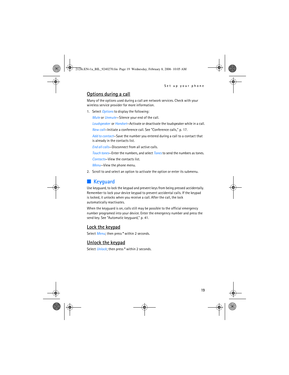 Keyguard, Options during a call, Lock the keypad | Unlock the keypad | Nokia 2128i User Manual | Page 20 / 81