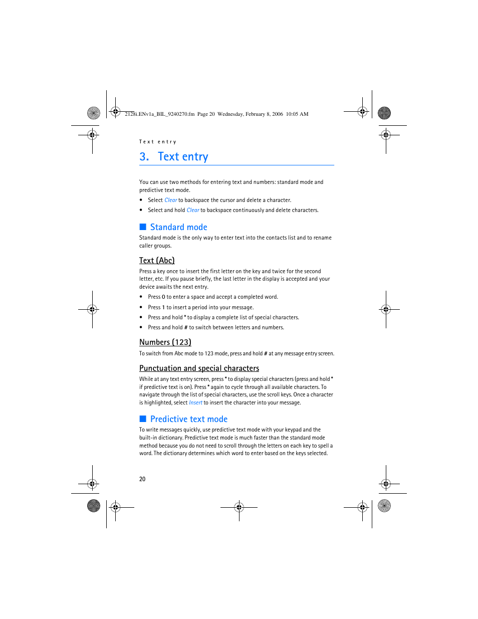 Text entry, Standard mode, Predictive text mode | Text (abc), Numbers (123), Punctuation and special characters | Nokia 2128i User Manual | Page 21 / 81