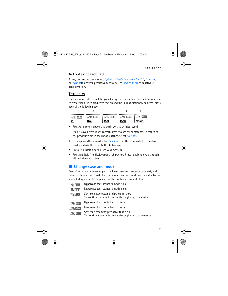 Change case and mode, Activate or deactivate, Text entry | Nokia 2128i User Manual | Page 22 / 81