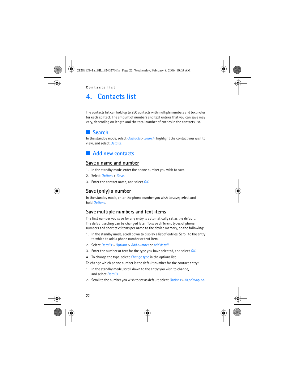 Contacts list, Search, Add new contacts | Save a name and number, Save (only) a number, Save multiple numbers and text items | Nokia 2128i User Manual | Page 23 / 81