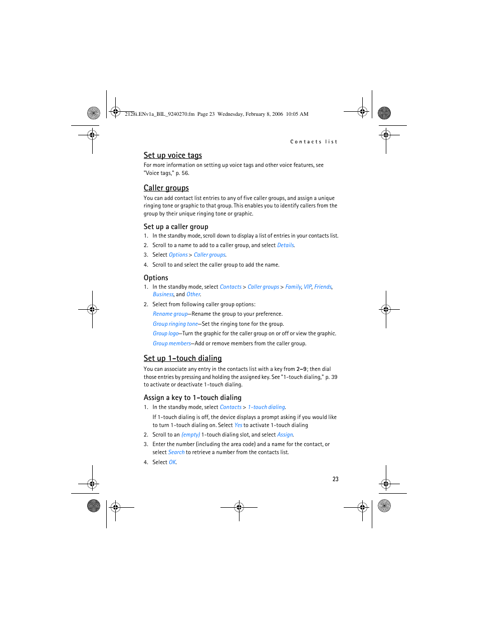 Set up voice tags, Caller groups, Set up 1-touch dialing | Nokia 2128i User Manual | Page 24 / 81