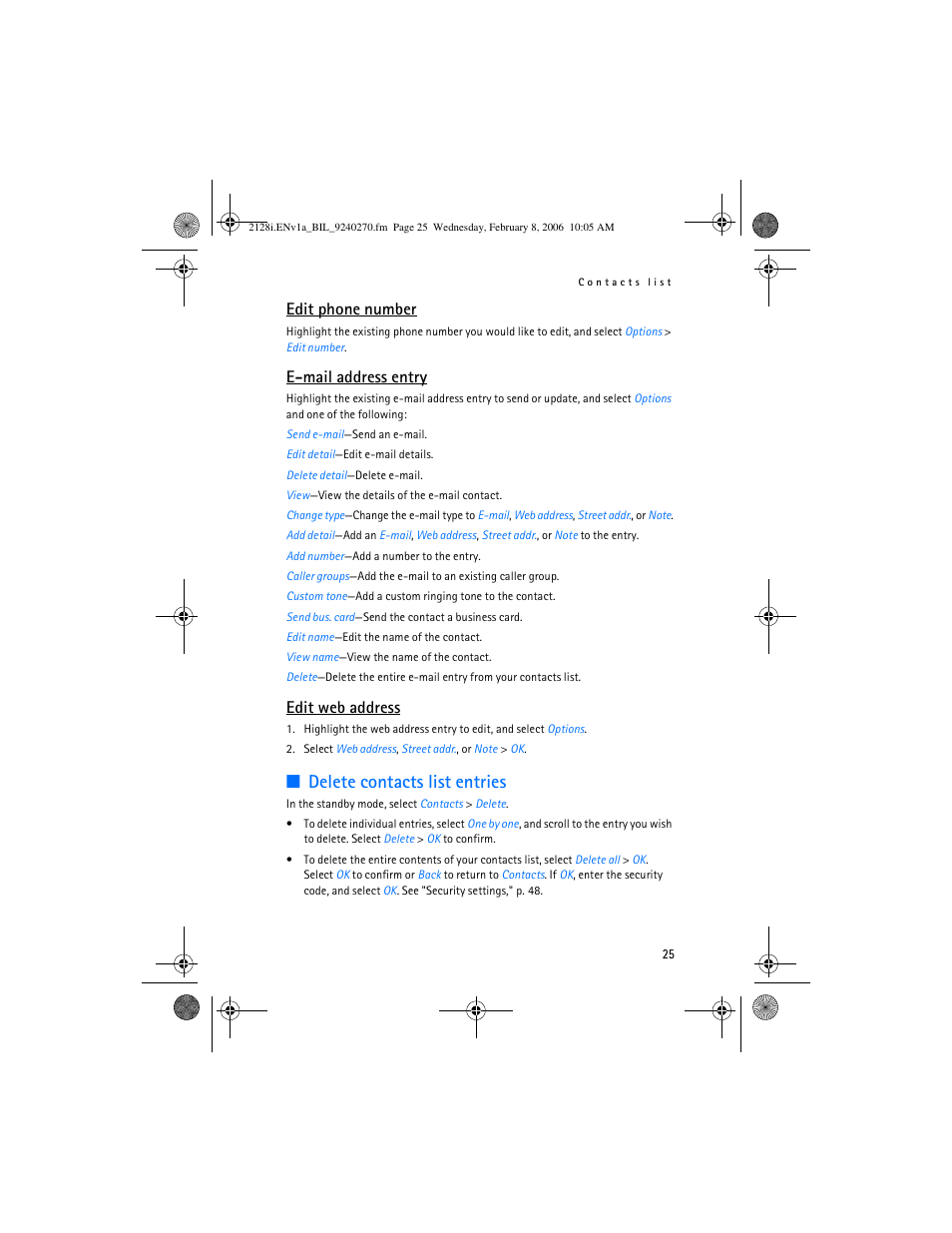 Delete contacts list entries, Edit phone number, E-mail address entry | Edit web address | Nokia 2128i User Manual | Page 26 / 81
