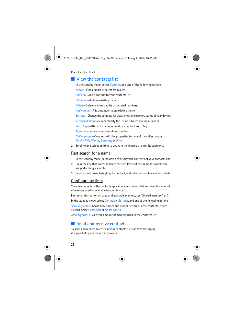View the contacts list, Send and receive contacts, Fast search for a name | Configure settings | Nokia 2128i User Manual | Page 27 / 81