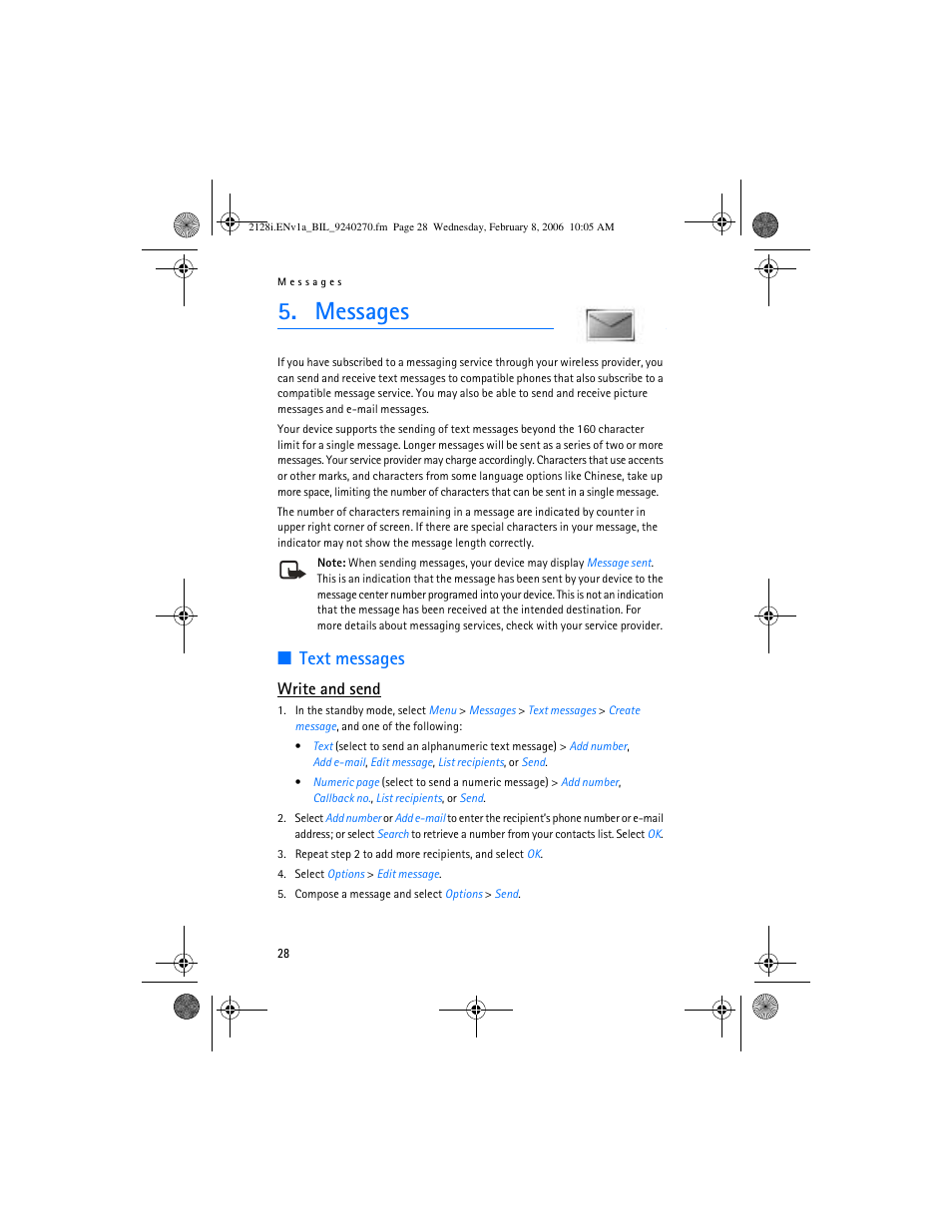 Messages, Text messages, Write and send | Nokia 2128i User Manual | Page 29 / 81