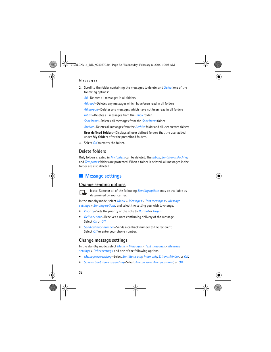 Message settings, Delete folders, Change sending options | Change message settings | Nokia 2128i User Manual | Page 33 / 81