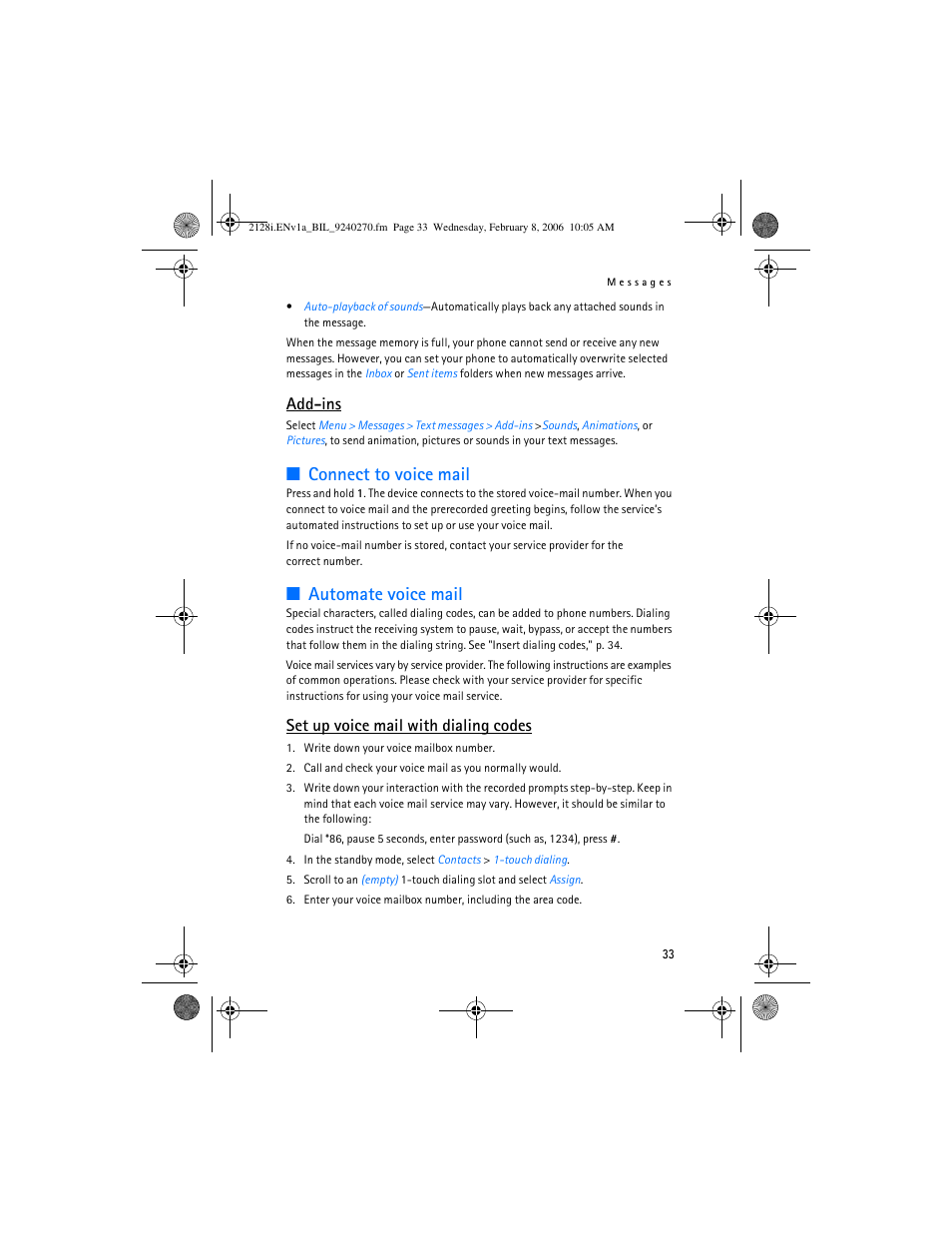 Automate voice mail, Connect to voice mail, Add-ins | Set up voice mail with dialing codes | Nokia 2128i User Manual | Page 34 / 81