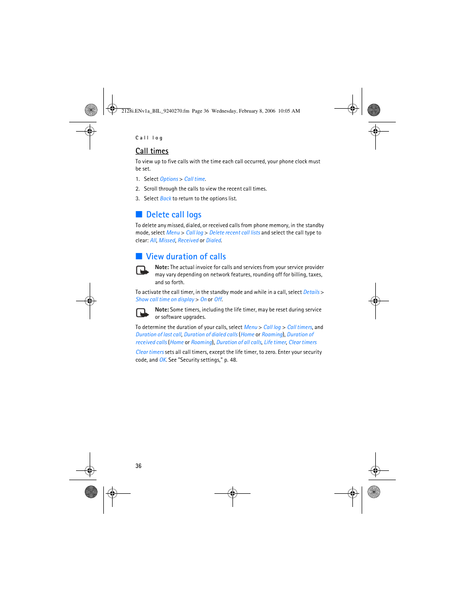 Delete call logs, View duration of calls, Call times | Nokia 2128i User Manual | Page 37 / 81