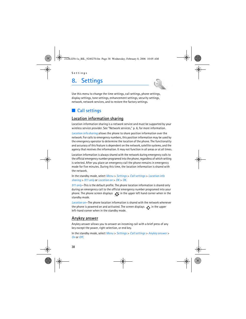 Settings, Location information sharing, Call settings | Anykey answer | Nokia 2128i User Manual | Page 39 / 81