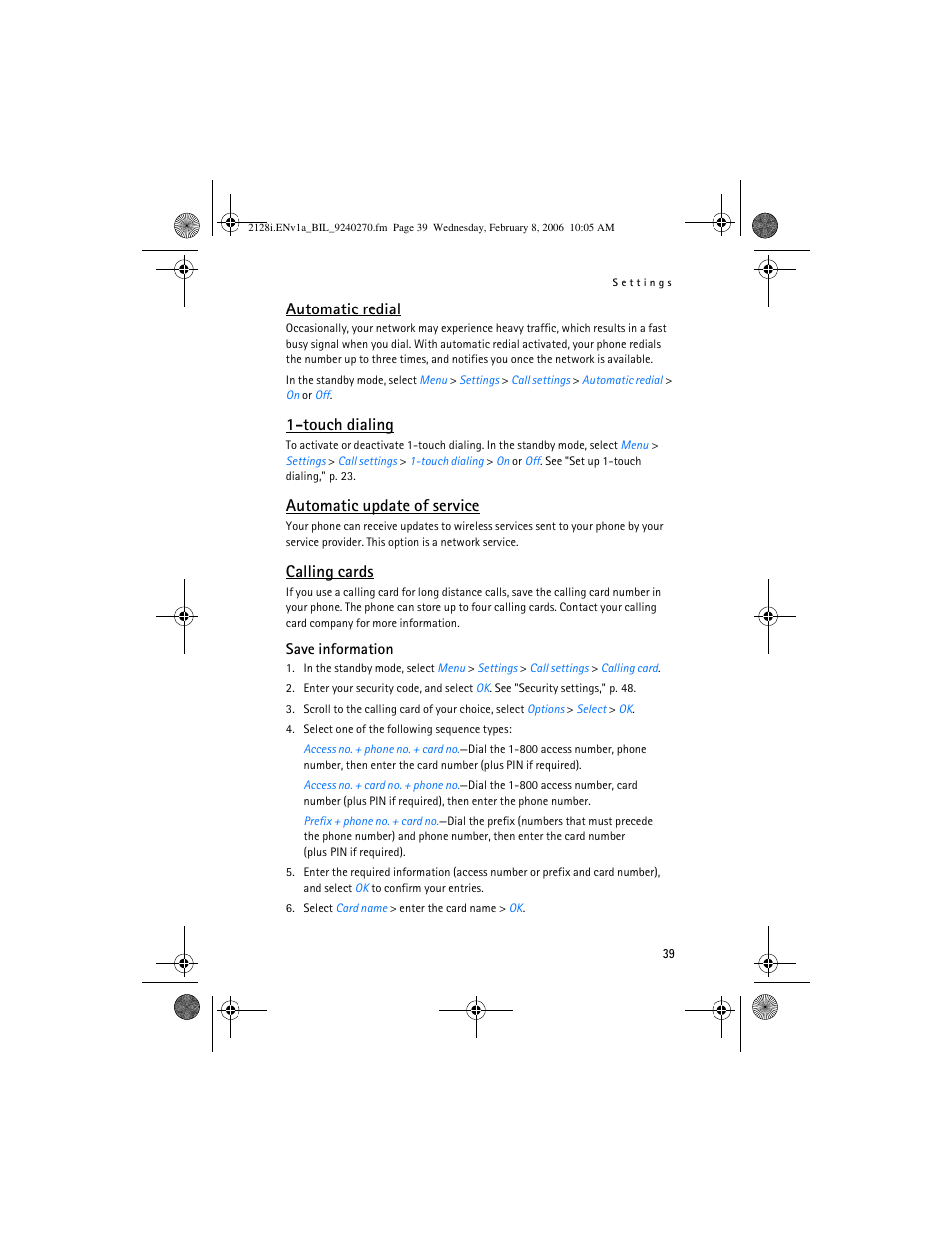 Ee "1-touch dialing, Automatic redial, Touch dialing | Automatic update of service, Calling cards | Nokia 2128i User Manual | Page 40 / 81