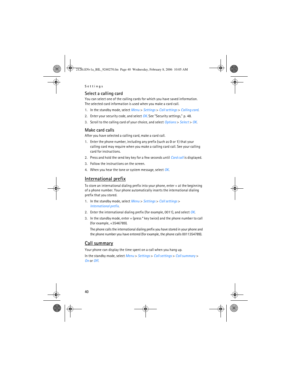 International prefix, Call summary | Nokia 2128i User Manual | Page 41 / 81