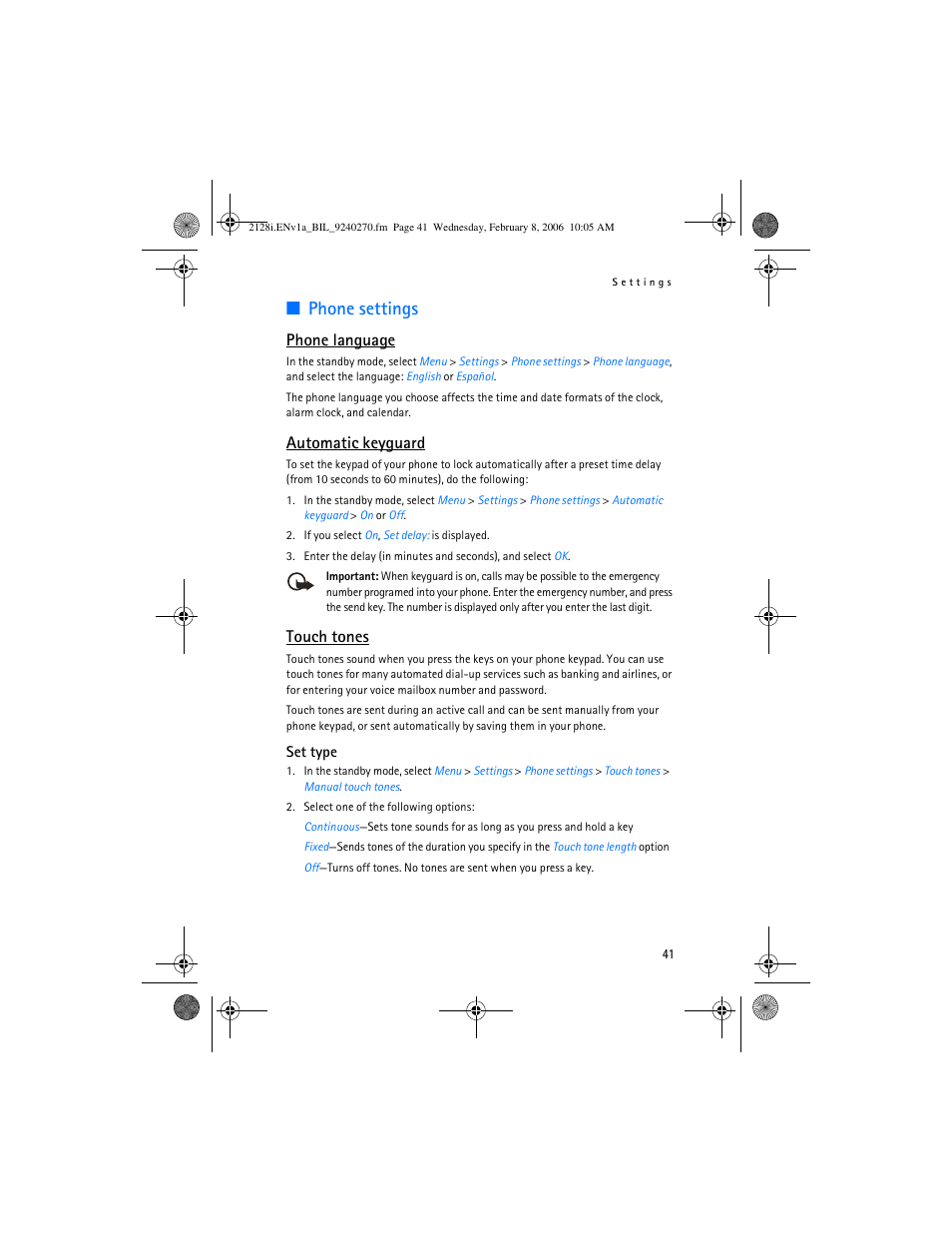 Automatic keyguard, Phone settings, Phone language | Touch tones | Nokia 2128i User Manual | Page 42 / 81