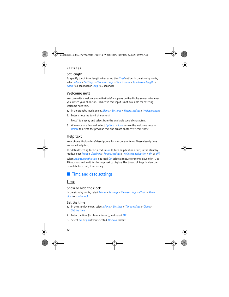 Time and date settings, Help text, Time | Nokia 2128i User Manual | Page 43 / 81