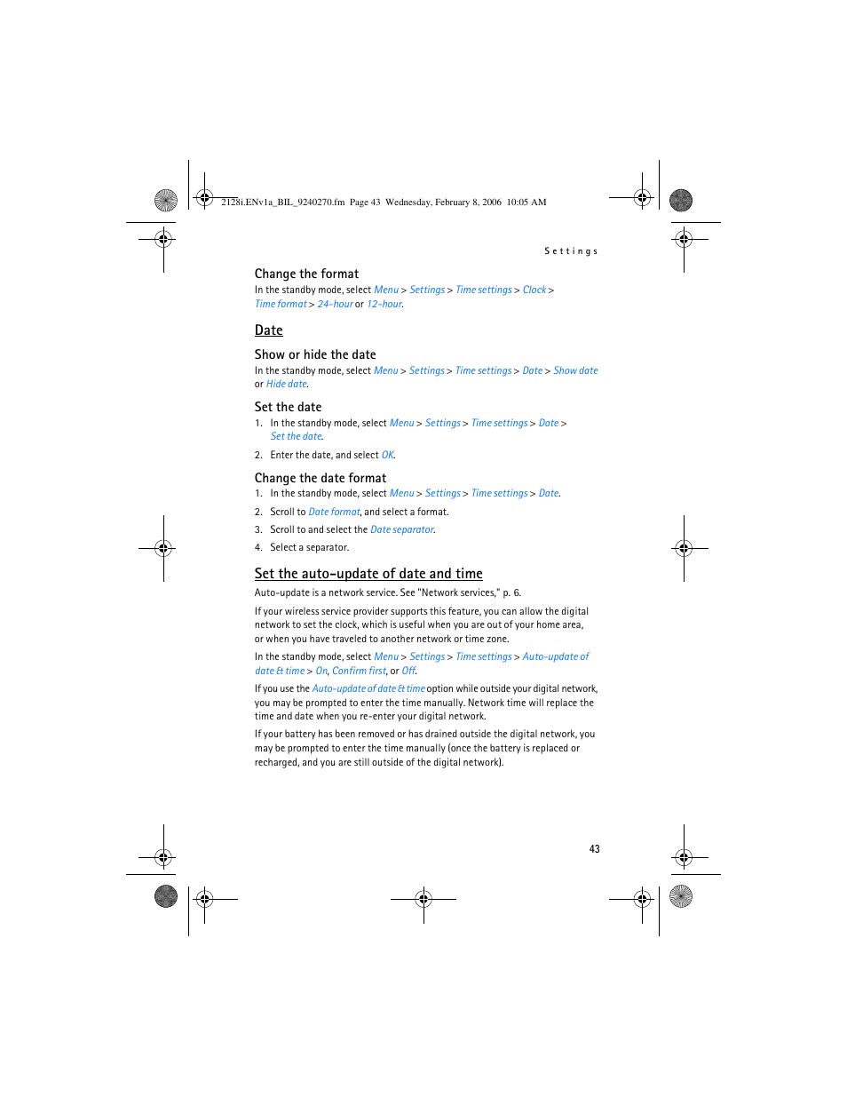 Date, Set the auto-update of date and time | Nokia 2128i User Manual | Page 44 / 81