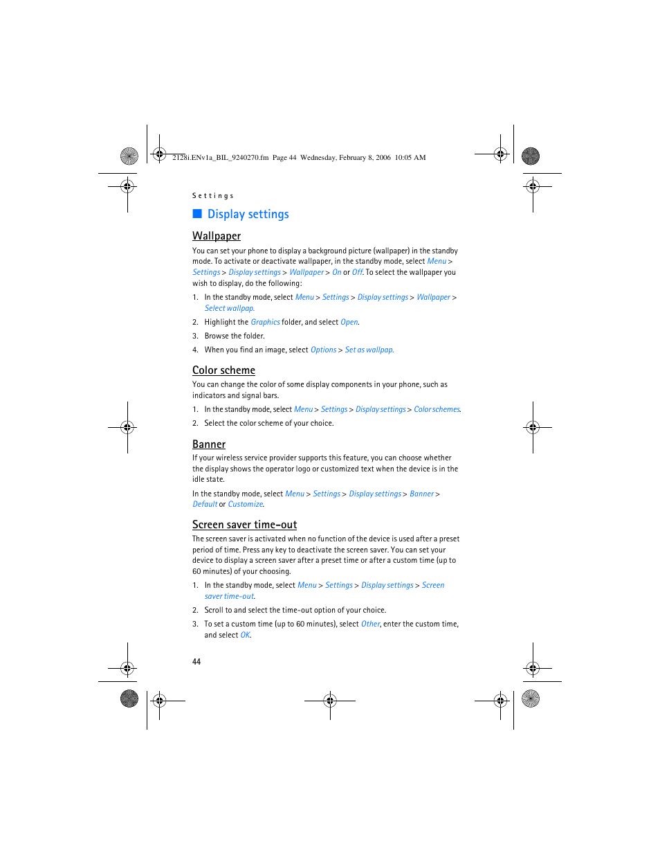 Display settings, Wallpaper, Color scheme | Banner, Screen saver time-out | Nokia 2128i User Manual | Page 45 / 81