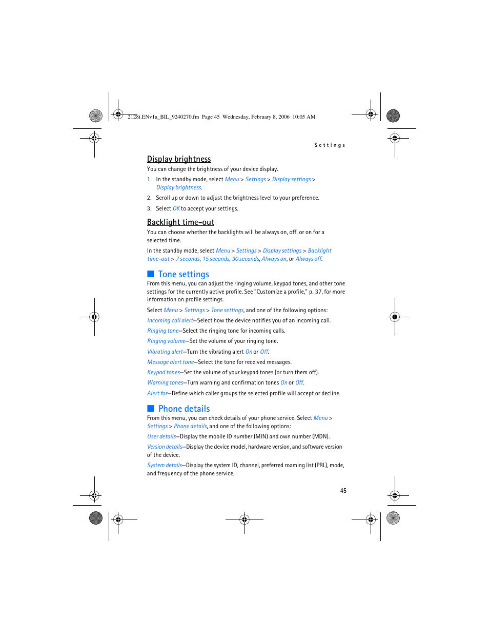 Tone settings, Phone details, Display brightness | Backlight time-out | Nokia 2128i User Manual | Page 46 / 81