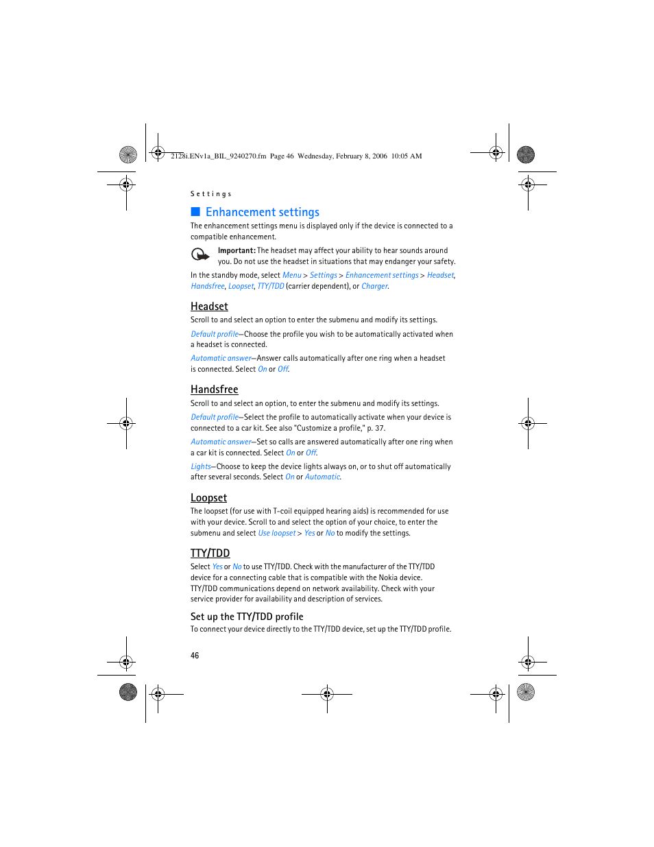 Enhancement settings, Headset, Handsfree | Loopset, Tty/tdd | Nokia 2128i User Manual | Page 47 / 81