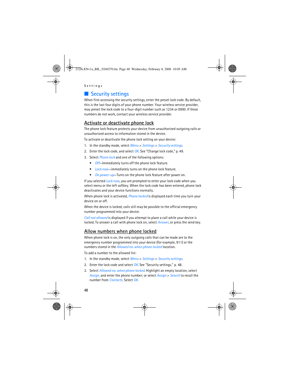 Security settings, Ee "security settings, Activate or deactivate phone lock | Allow numbers when phone locked | Nokia 2128i User Manual | Page 49 / 81