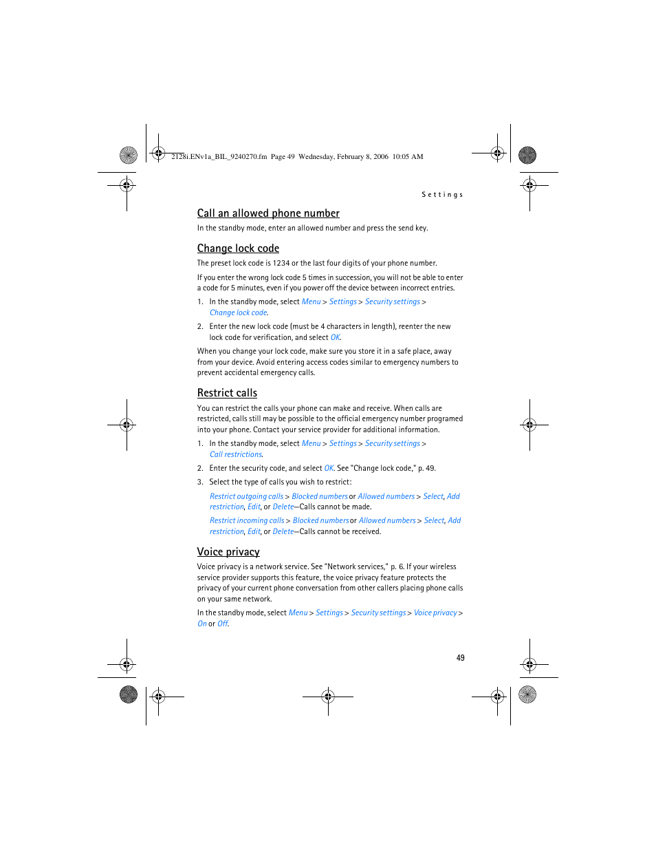 Change lock code, Call an allowed phone number, Restrict calls | Voice privacy | Nokia 2128i User Manual | Page 50 / 81