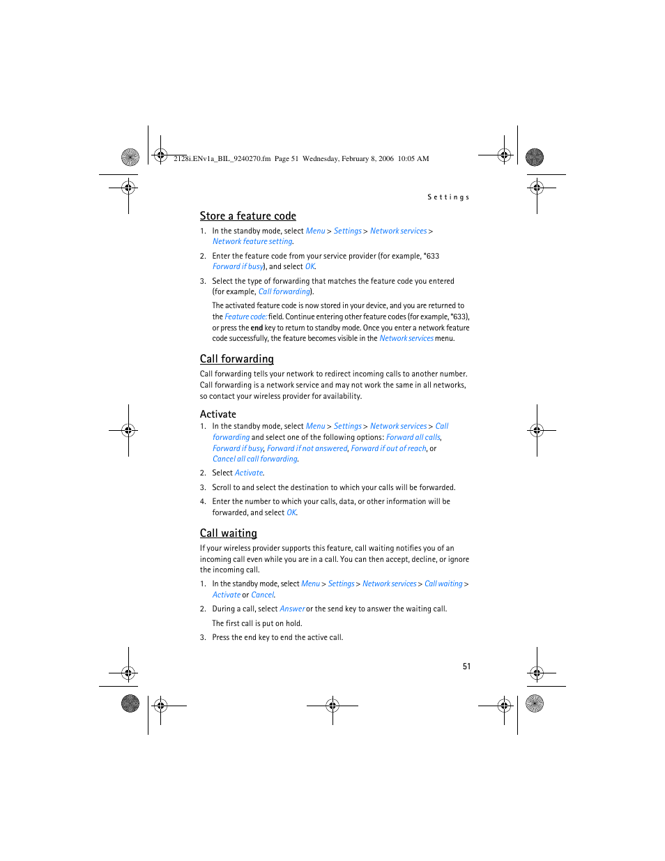 Store a feature code, Call forwarding, Call waiting | Nokia 2128i User Manual | Page 52 / 81