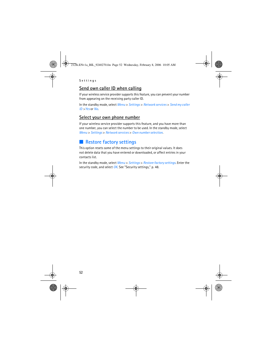 Restore factory settings, Send own caller id when calling, Select your own phone number | Nokia 2128i User Manual | Page 53 / 81