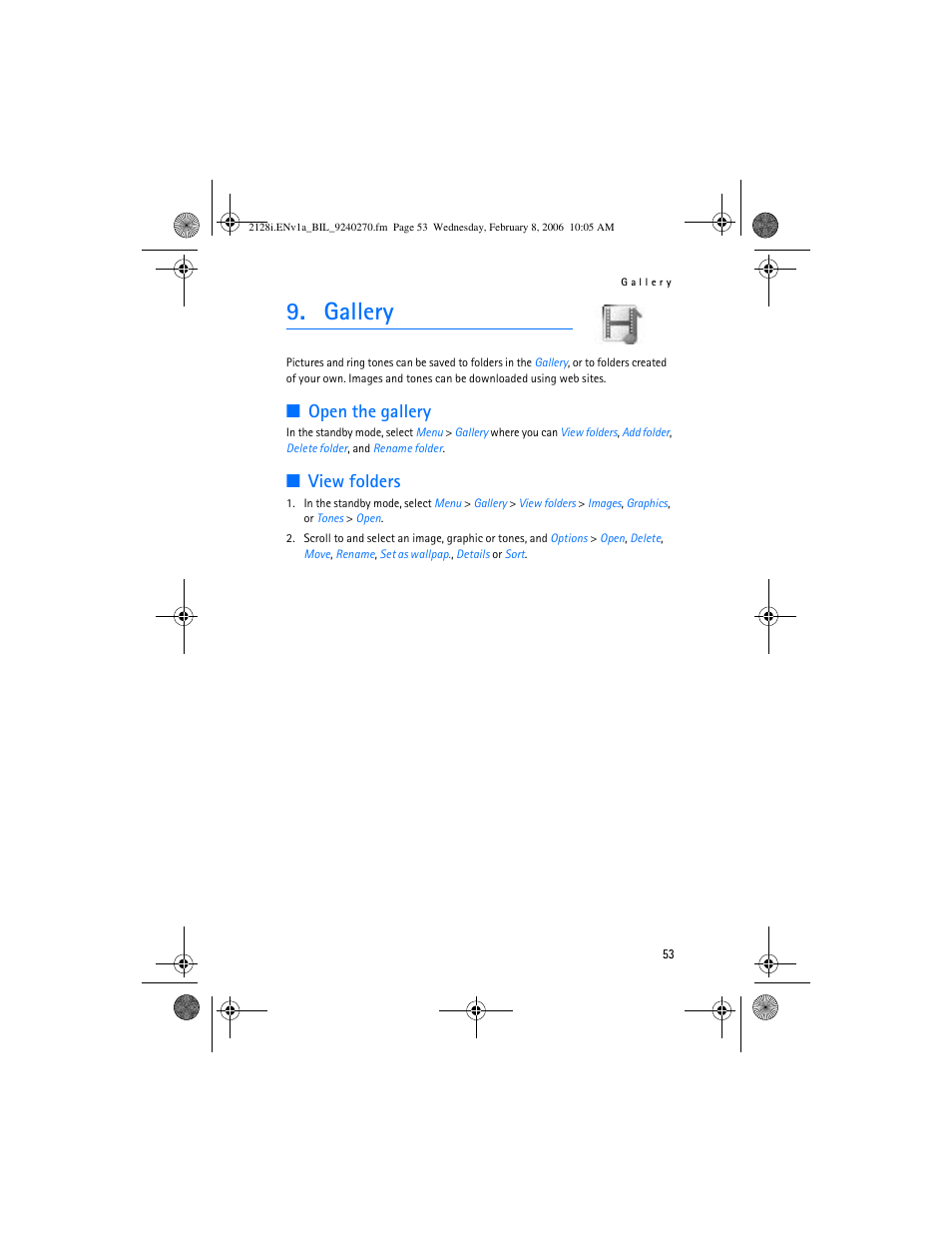 Gallery, Open the gallery, View folders | Nokia 2128i User Manual | Page 54 / 81