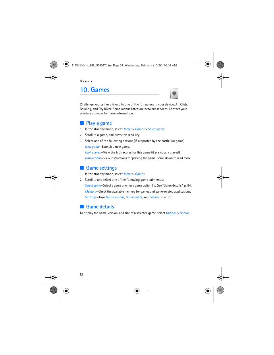 Games, Play a game, Game settings | Game details | Nokia 2128i User Manual | Page 55 / 81