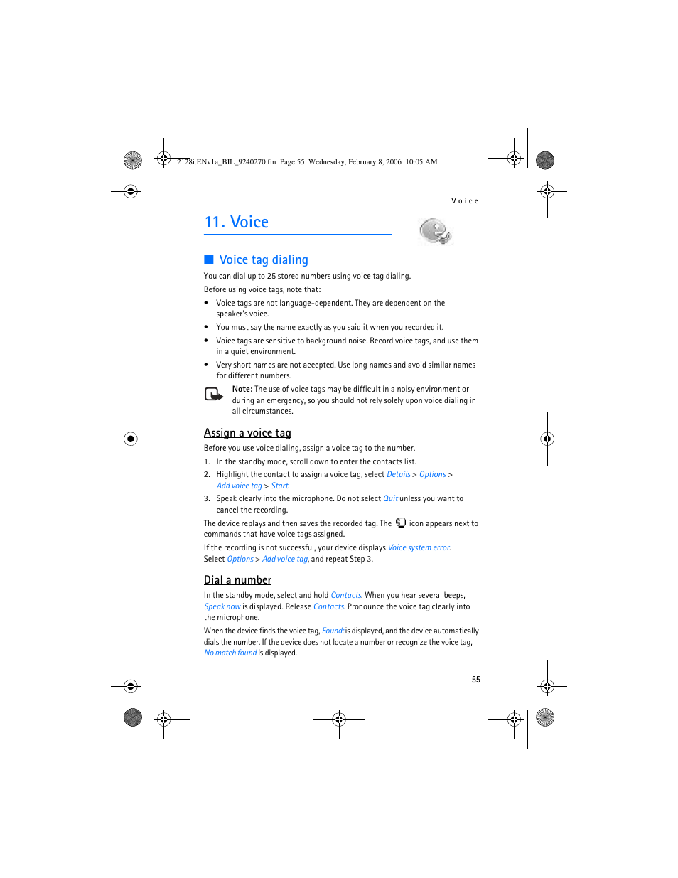 Voice, Voice tag dialing, Assign a voice tag | Dial a number | Nokia 2128i User Manual | Page 56 / 81