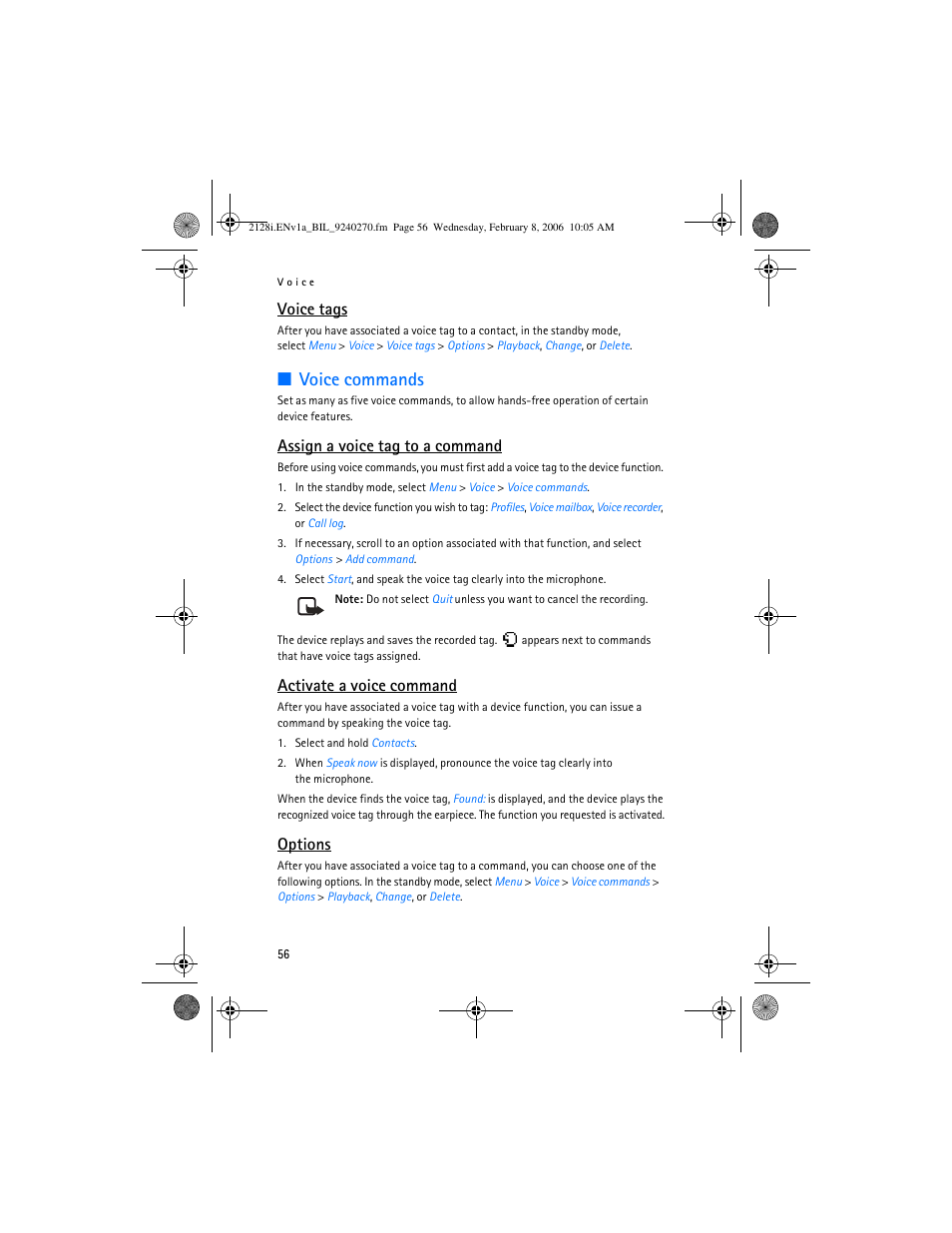 Voice tags, Voice commands, Assign a voice tag to a command | Activate a voice command, Options | Nokia 2128i User Manual | Page 57 / 81