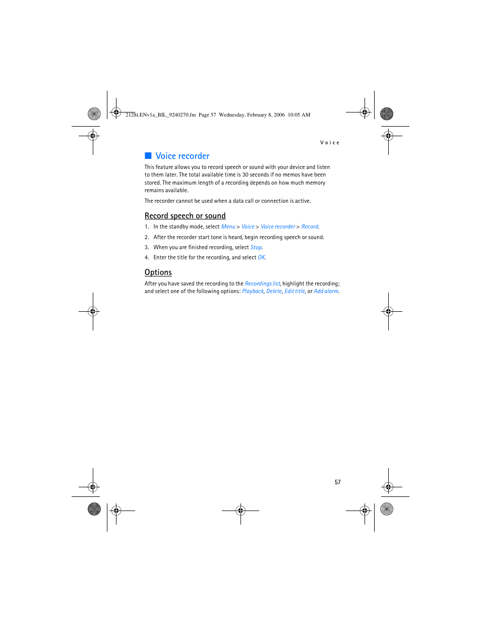 Voice recorder, Record speech or sound, Options | Nokia 2128i User Manual | Page 58 / 81