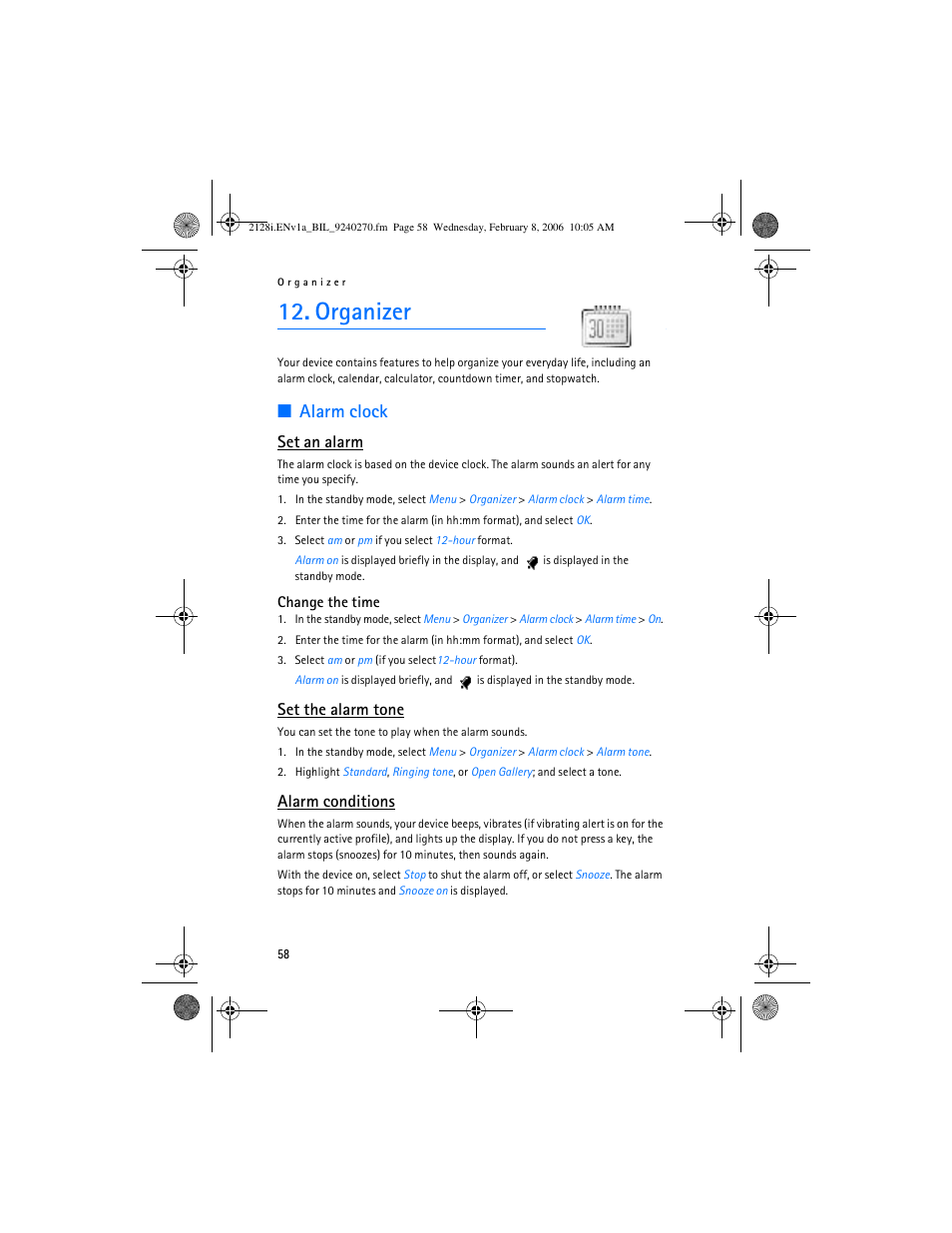 Organizer, Alarm clock, Set an alarm | Set the alarm tone, Alarm conditions | Nokia 2128i User Manual | Page 59 / 81