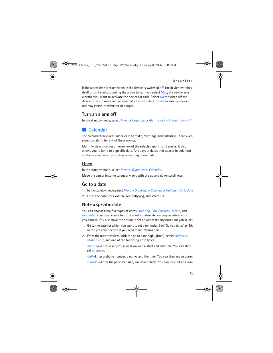 Calendar, Turn an alarm off, Open | Go to a date | Nokia 2128i User Manual | Page 60 / 81