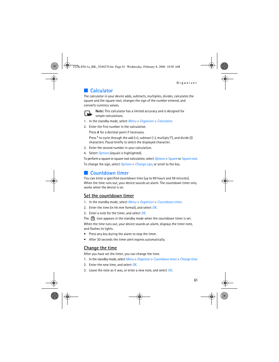 Countdown timer, Calculator, Set the countdown timer | Change the time | Nokia 2128i User Manual | Page 62 / 81