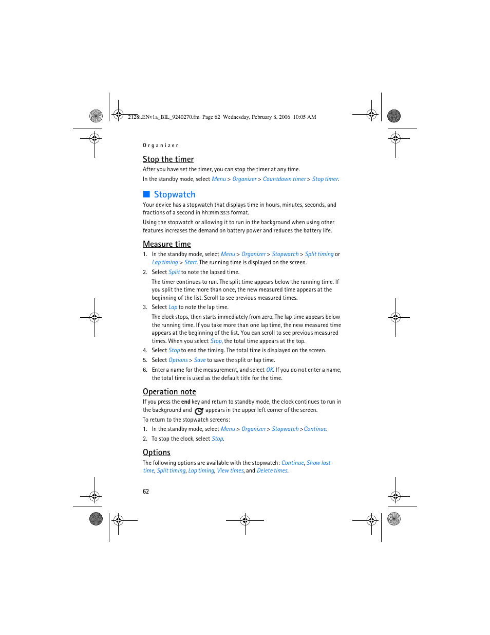 Stopwatch, Stop the timer, Measure time | Options | Nokia 2128i User Manual | Page 63 / 81