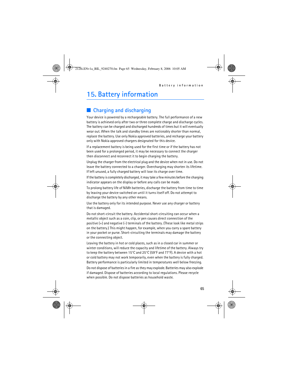 Battery information, Charging and discharging | Nokia 2128i User Manual | Page 66 / 81