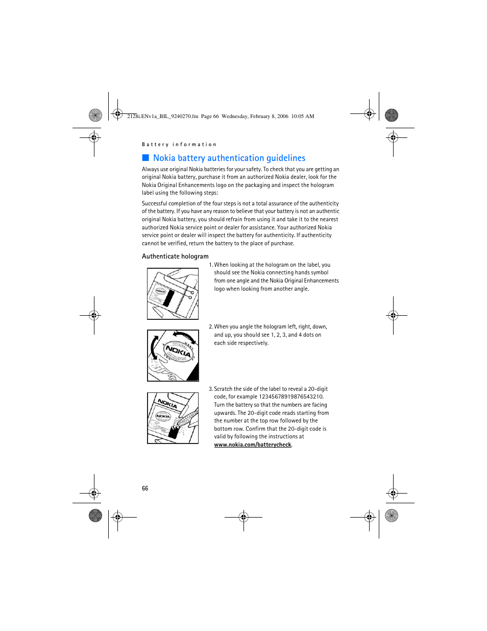 Nokia battery authentication guidelines | Nokia 2128i User Manual | Page 67 / 81