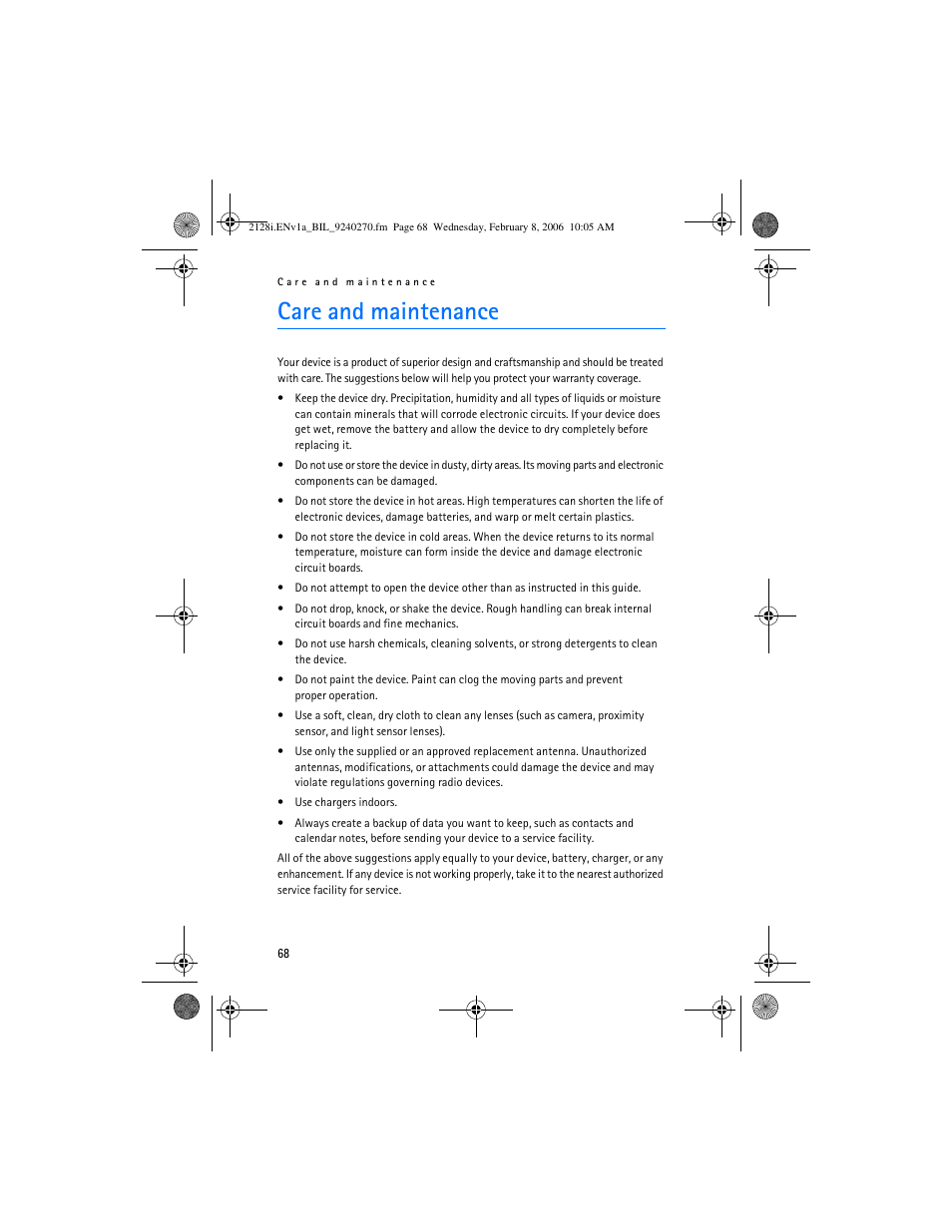 Care and maintenance | Nokia 2128i User Manual | Page 69 / 81