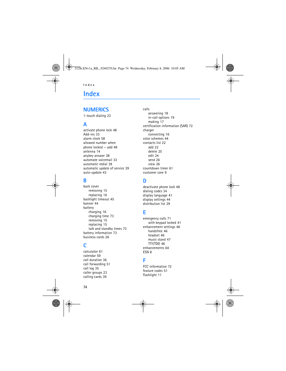 Index, Numerics | Nokia 2128i User Manual | Page 75 / 81