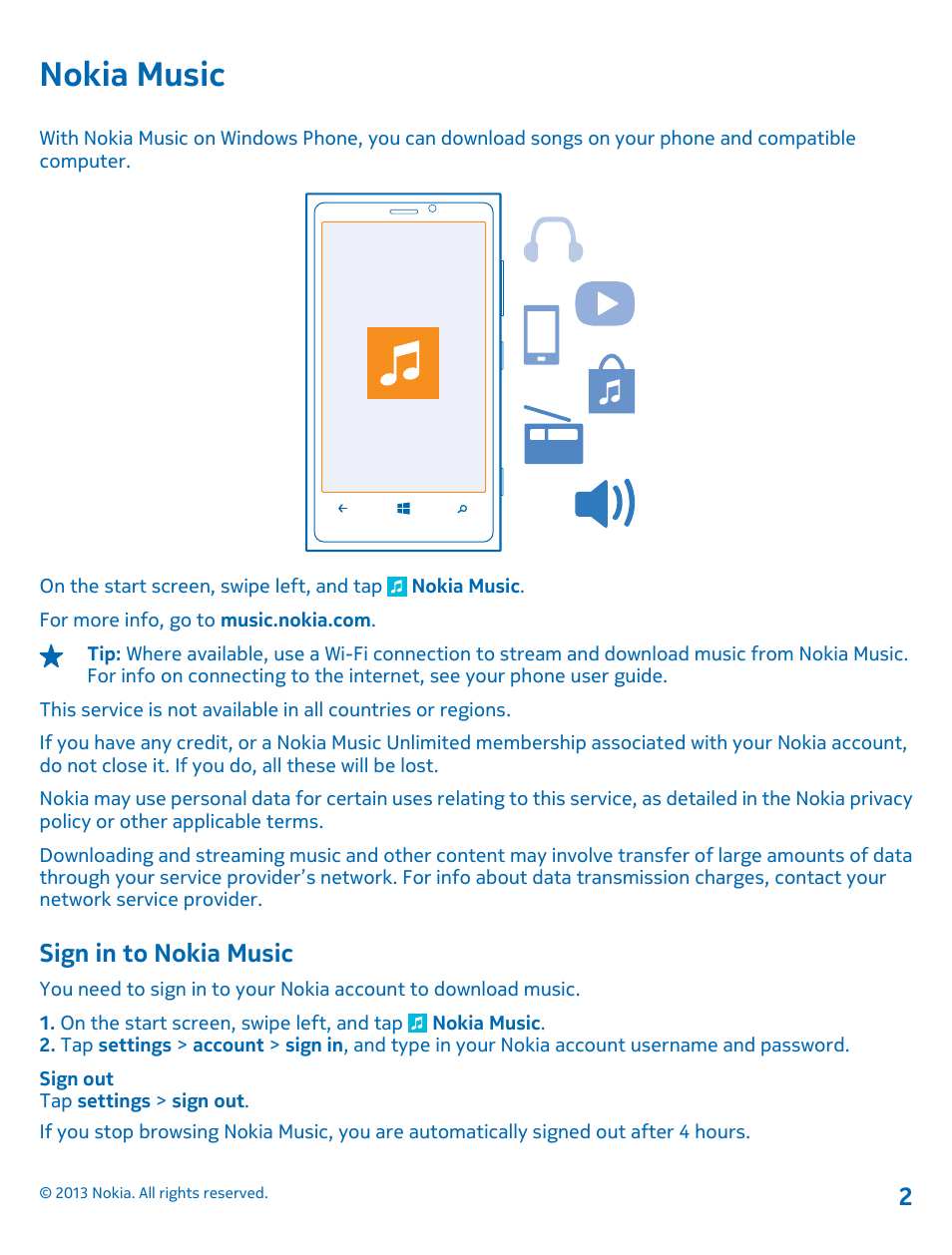 Nokia music, Sign in to nokia music | Nokia 1 User Manual | Page 2 / 5