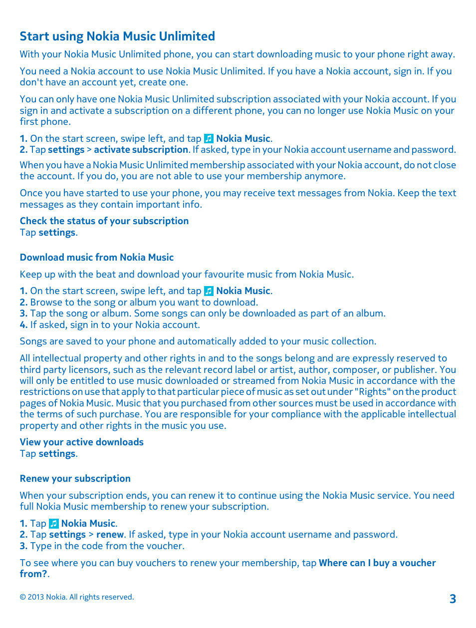Start using nokia music unlimited, Download music from nokia music, Renew your subscription | Nokia 1 User Manual | Page 3 / 5