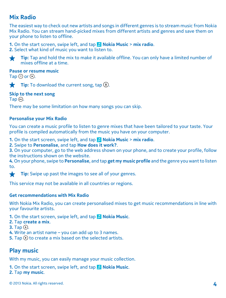 Mix radio, Personalise your mix radio, Get recommendations with mix radio | Play music | Nokia 1 User Manual | Page 4 / 5