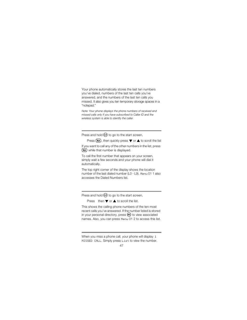 Temporary lists & call timers, Menu 01 1, dialed numbers, Menu 01 2, answered calls | Menu 01 3, missed calls | Nokia 2170 User Manual | Page 54 / 75