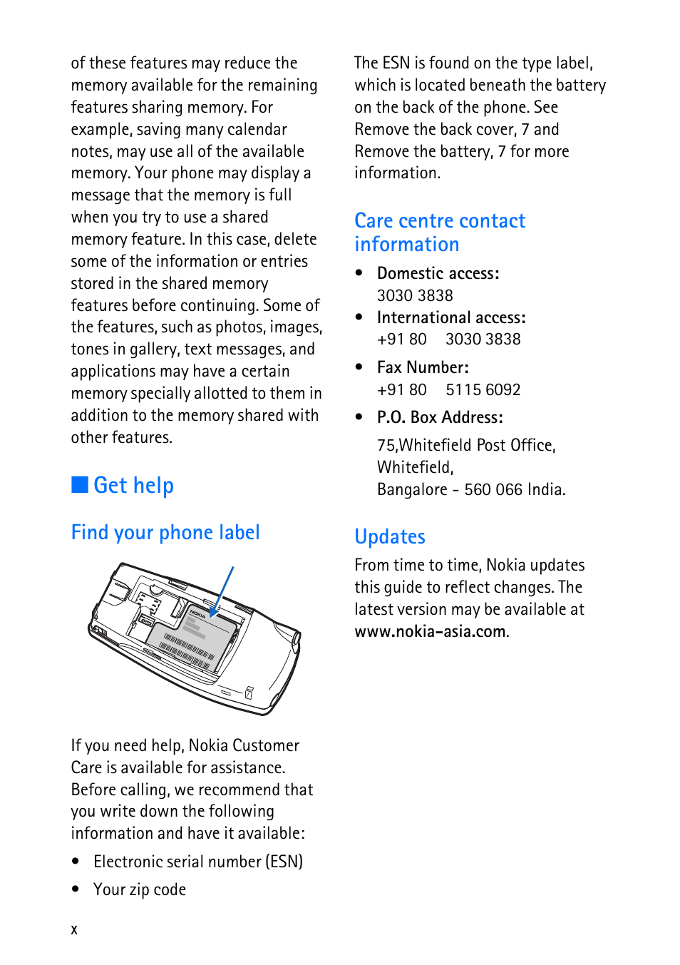 Get help, Find your phone label, Care centre contact information | Updates | Nokia 6012 User Manual | Page 10 / 80