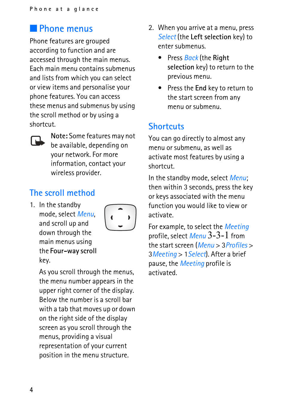 Phone menus, The scroll method, Shortcuts | Nokia 6012 User Manual | Page 14 / 80