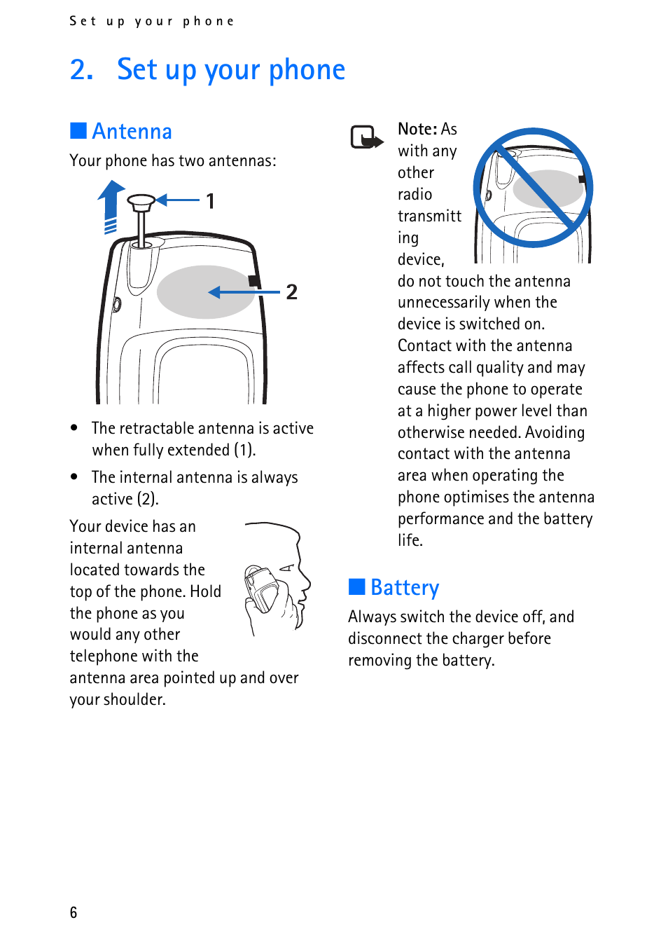Set up your phone, Antenna, Battery | Nokia 6012 User Manual | Page 16 / 80