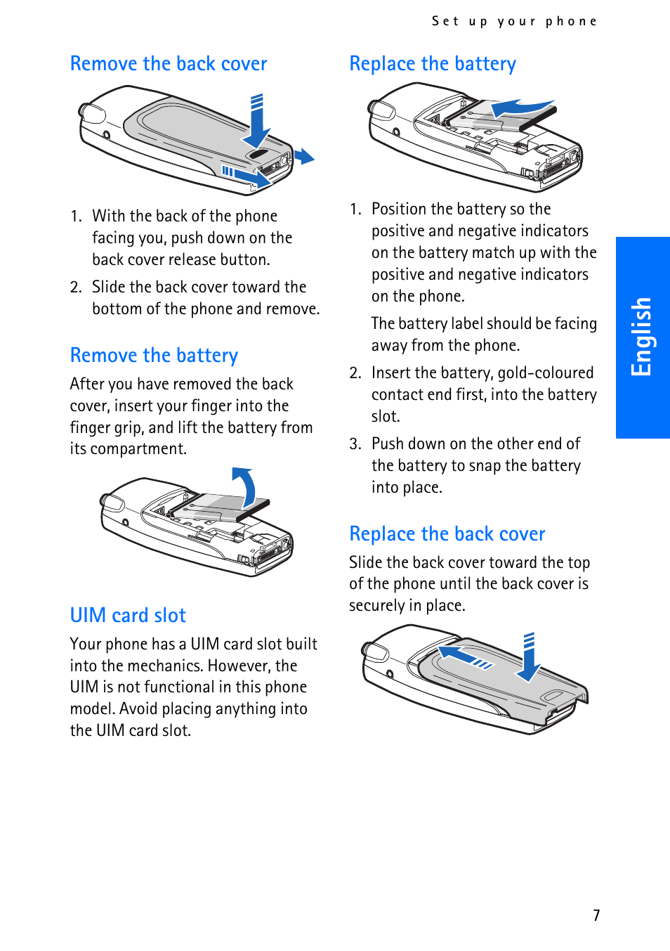 English, Remove the back cover, Remove the battery | Uim card slot, Replace the battery, Replace the back cover | Nokia 6012 User Manual | Page 17 / 80